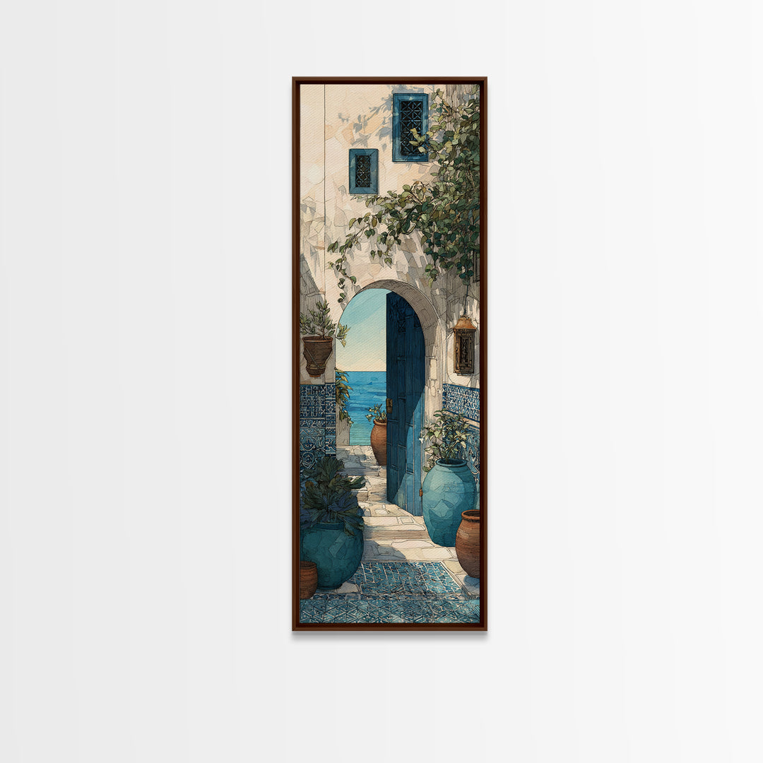 Mediterranean Arch Framing Blue Sea Framed Canvas Print, Italian Villa Art, Contemporary Art, Living Room Decor, Villa, IVA-1x3-92