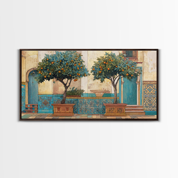 Orange Tree in a Courtyard Planter Framed Canvas Print, Italian Villa Art, Home Decor, Living Room Decor, Fine Art, Villa, IVA-2x1-10