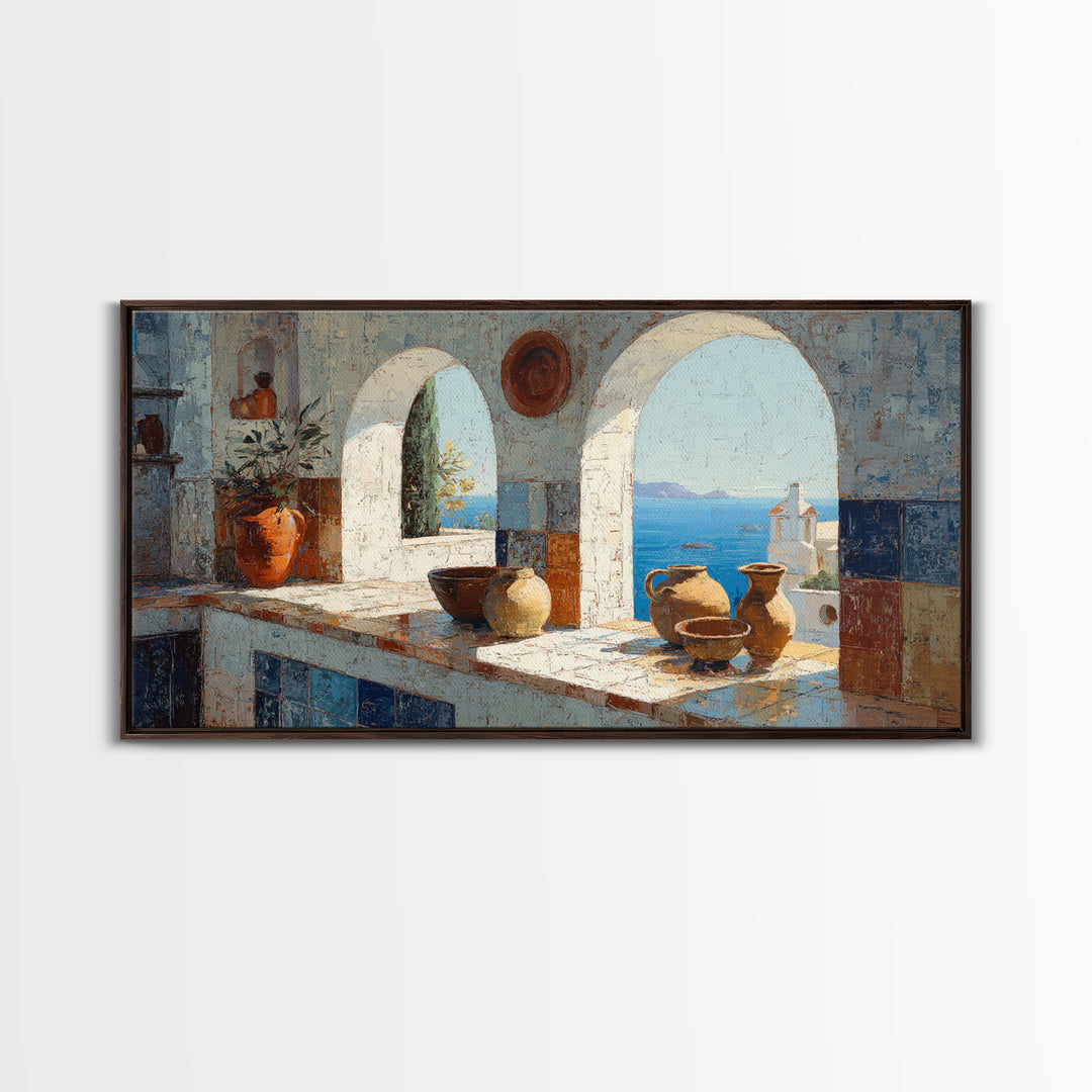Mediterranean Arch Framing Blue Sea Framed Canvas Print, Italian Villa Art, Digital Download Art, Living Room Decor, Villa, IVA-2x1-100