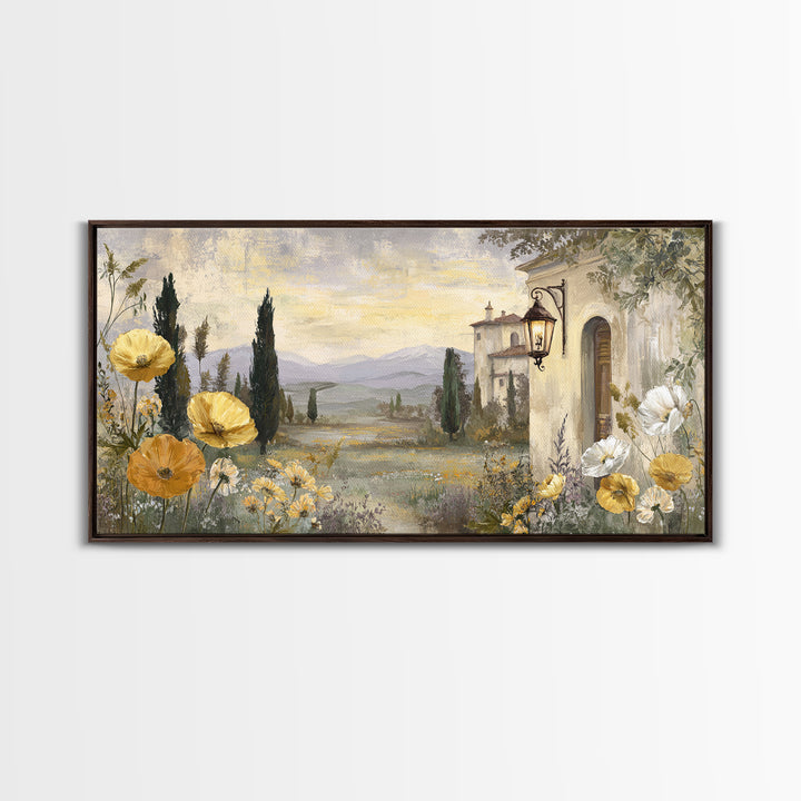 Tuscan Poppy Field Framed Canvas Print, Italian Villa Art, Landscape Painting, Living Room Decor, Villa, Digital Art Print, IVA-2x1-11