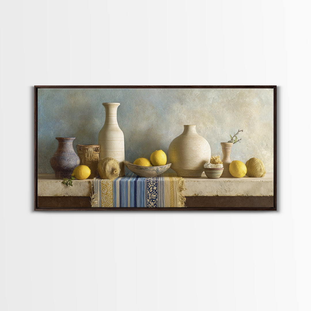 Coastal Lemons and Striped Cloth Arrangement Framed Canvas Print, Italian Villa Art, Modern Decor, Living Room Decor, Villa, IVA-2x1-20