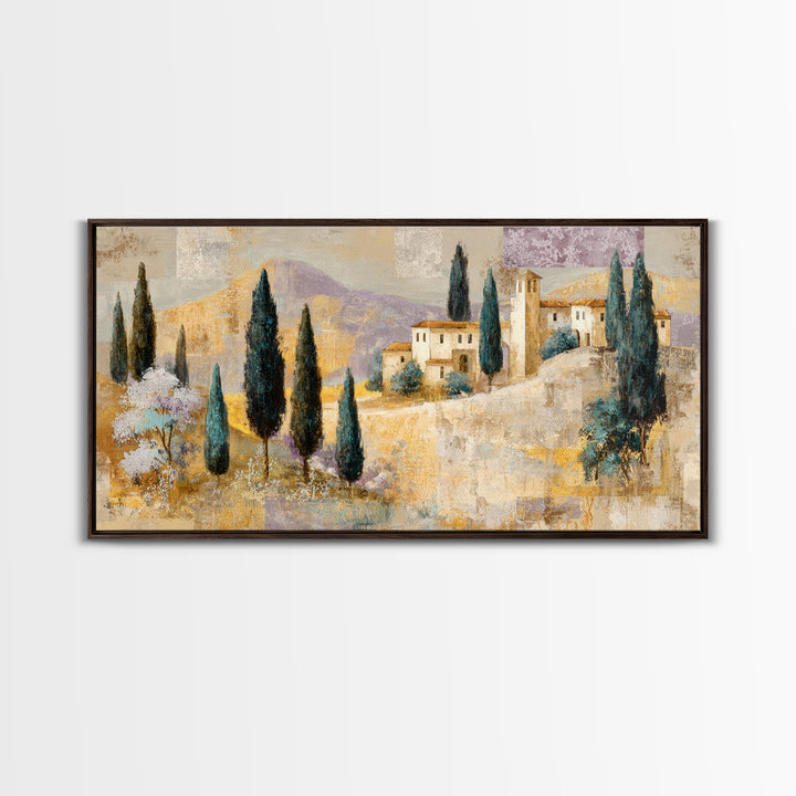 Tuscan Hillside with Cypress Trees and Golden Canvas Print, Italian Villa Art, Living Room Decor, Oil Painting, Villa, IVA-2x1-21