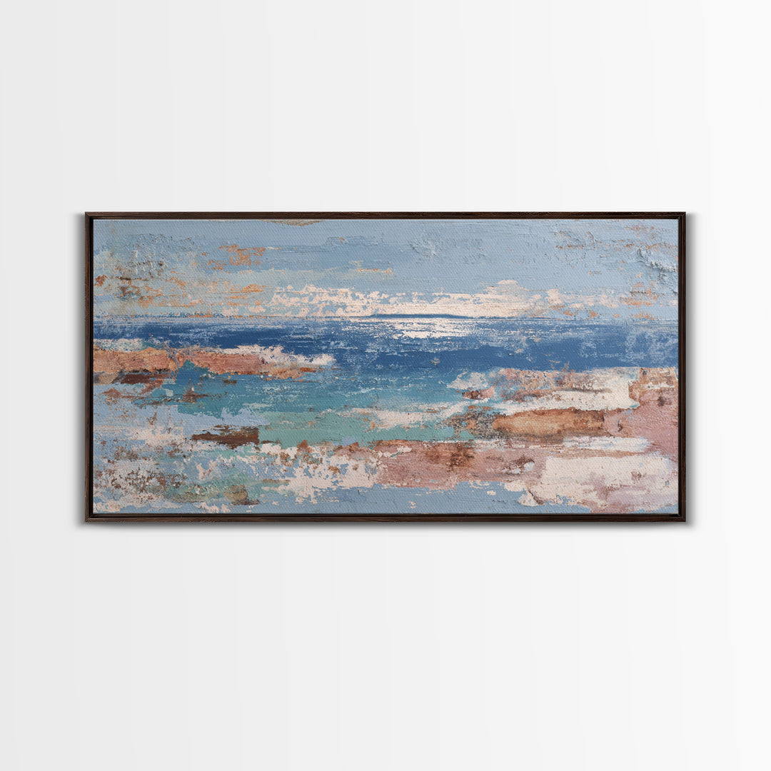 Mediterranean Arch Framing Blue Sea Framed Canvas Print, Italian Villa Art, Textured Painting, Living Room Decor, Villa, IVA-2x1-28