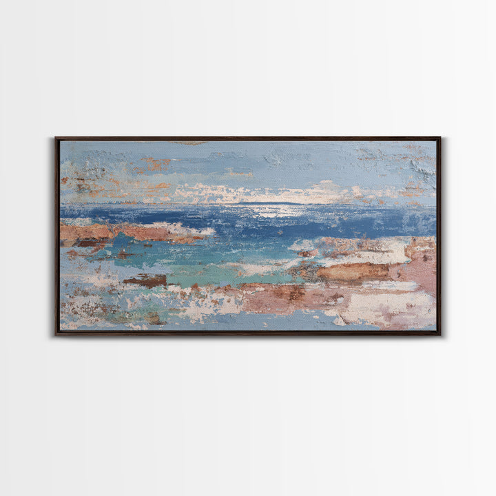 Mediterranean Arch Framing Blue Sea Framed Canvas Print, Italian Villa Art, Textured Painting, Living Room Decor, Villa, IVA-2x1-28