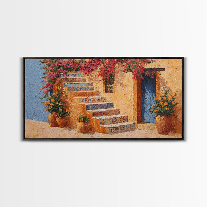Sunlit Stone Stairway Canvas Print, Italian Villa Art, Original Painting, Living Room Decor, Villa, Landscape Painting, IVA-2x1-31