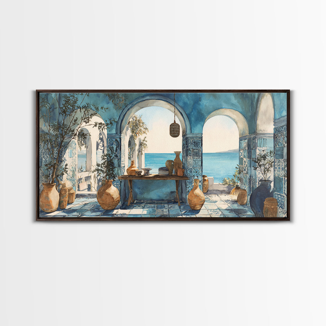 Mediterranean Arch Framing Blue Sea Canvas Print, Italian Villa Art, Statement Artwork, Living Room Decor, Fine Art, Villa, IVA-2x1-4