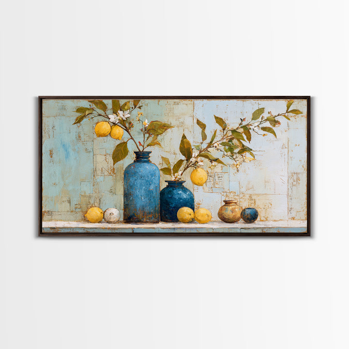 Lemon Branch in Blue Ceramic Vase Framed Canvas Print, Italian Villa Art, Neutral Decor, Living Room Decor, Fine Art, Villa, IVA-2x1-46