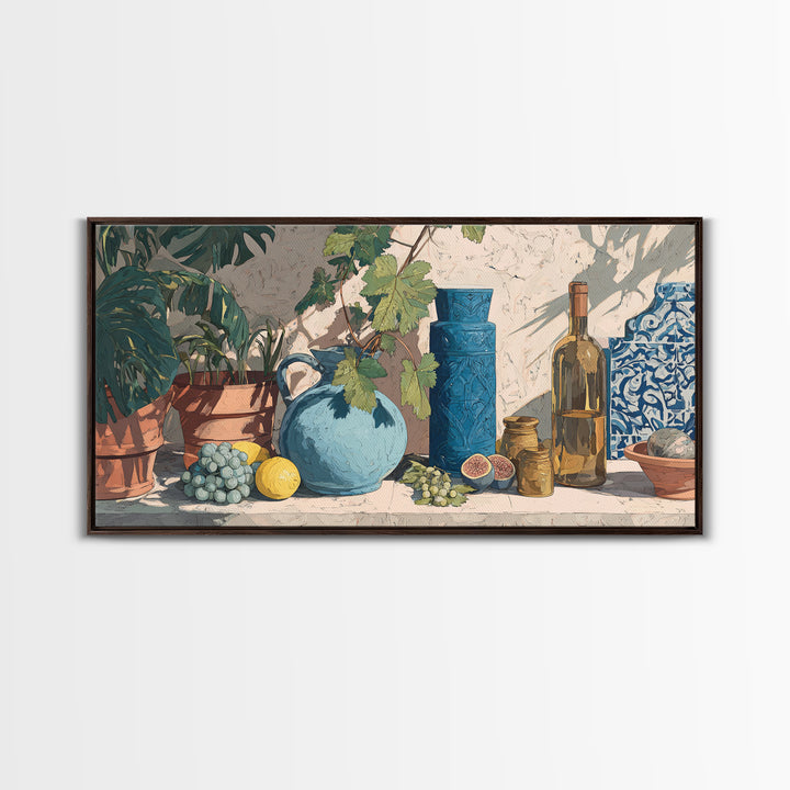 Grapevine and Wine Still Life on Linen Framed Canvas Print, Italian Villa Art, Printable Art, Living Room Decor, Abstract Art, IVA-2x1-51