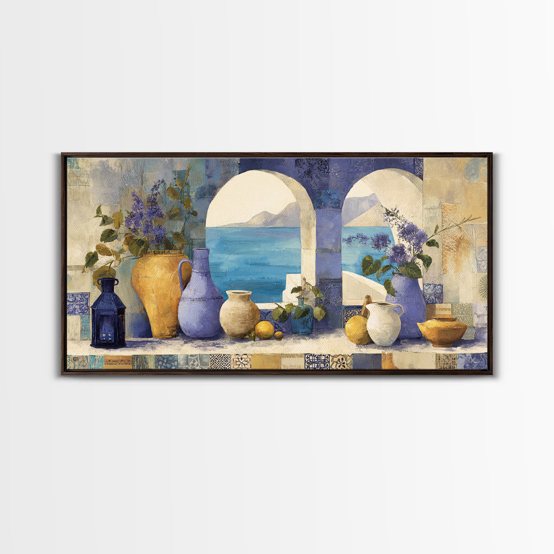 Mediterranean Arch Framing Blue Sea Canvas Print, Italian Villa Art, Original Painting, Living Room Decor, Fine Art, Villa, IVA-2x1-52