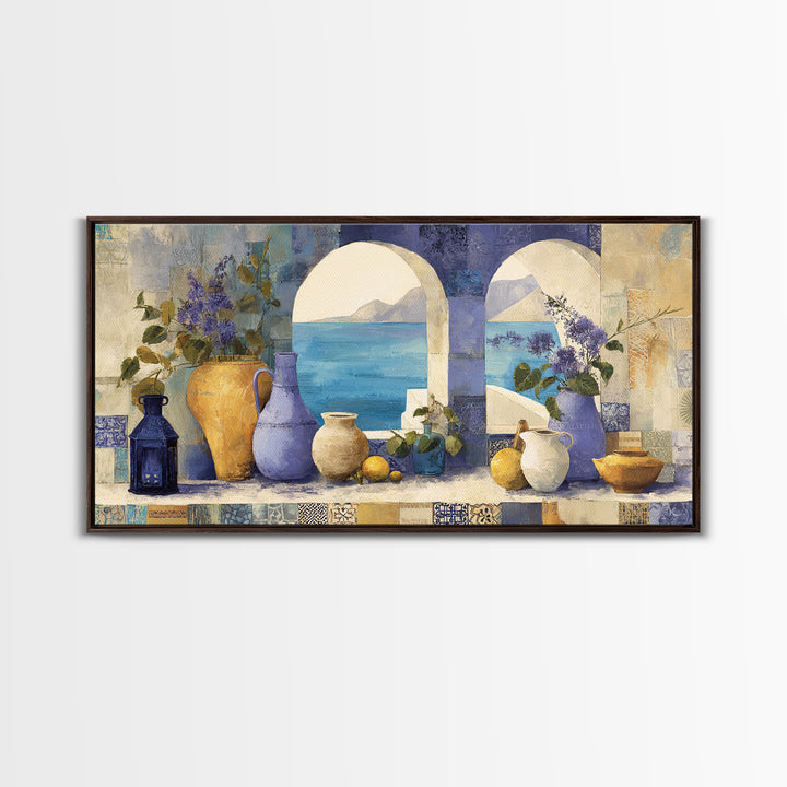 Mediterranean Arch Framing Blue Sea Canvas Print, Italian Villa Art, Original Painting, Living Room Decor, Fine Art, Villa, IVA-2x1-52
