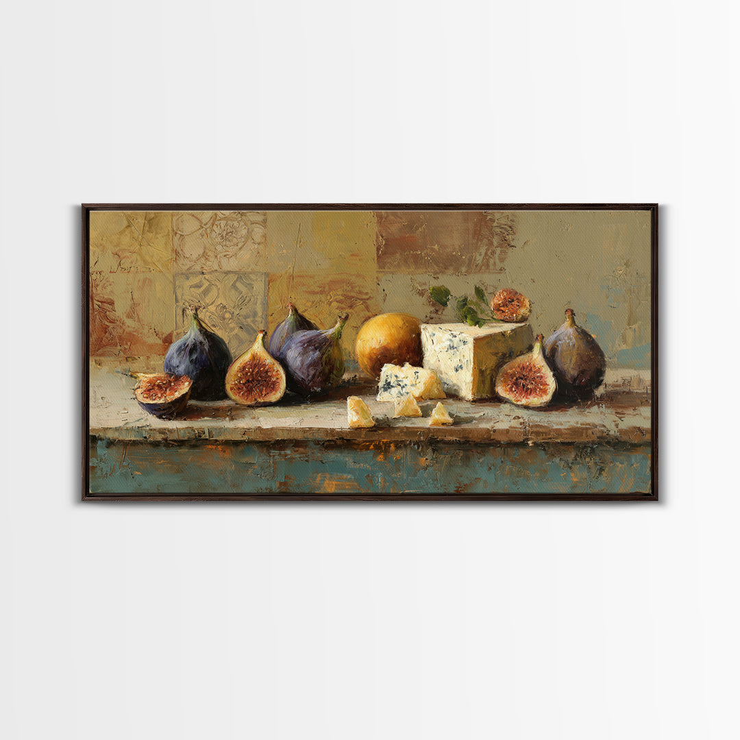 Figs and Cheese on Rustic Wooden Board Canvas Print, Italian Villa Art, Art Print, Living Room Decor, Oil Painting, Villa, IVA-2x1-53