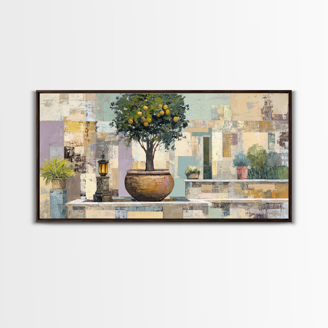 Orange Tree in a Courtyard Planter Canvas Print, Italian Villa Art, Statement Artwork, Living Room Decor, Fine Art, Villa, IVA-2x1-58