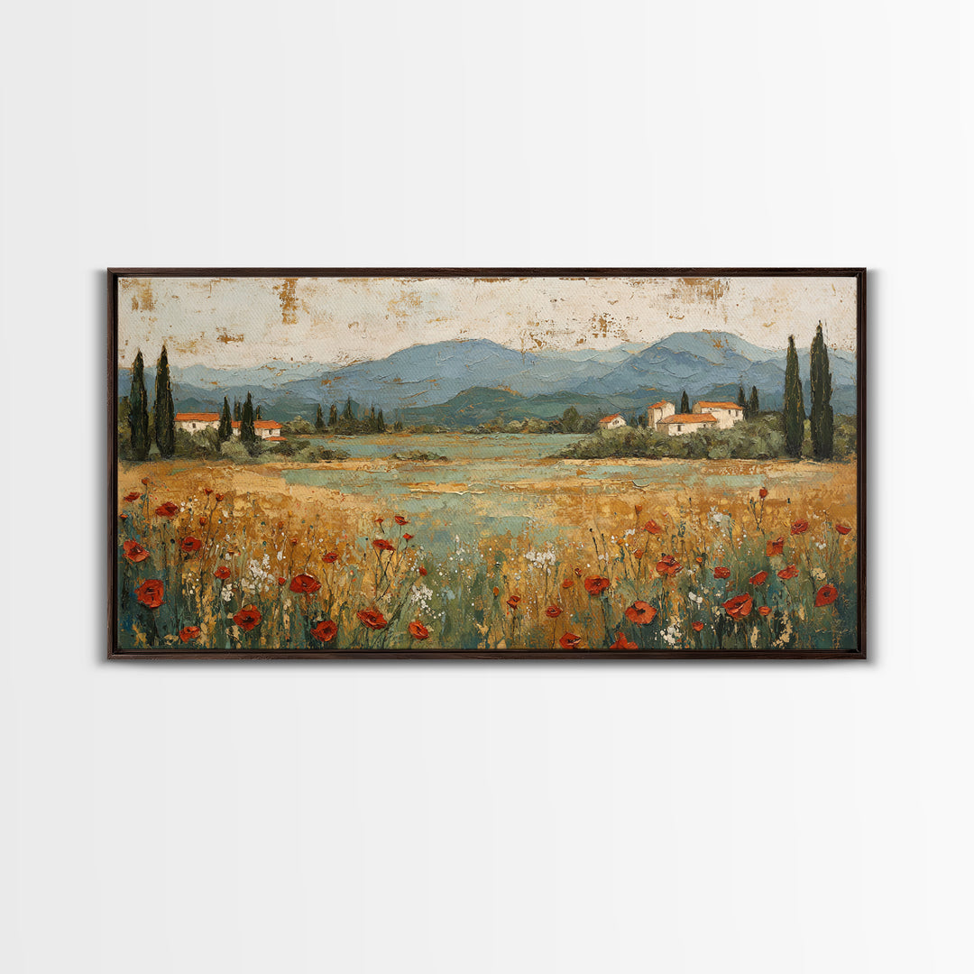 Tuscan Poppy Field Framed Canvas Print, Italian Villa Art, Landscape Painting, Living Room Decor, Watercolor Art, Villa, IVA-2x1-59