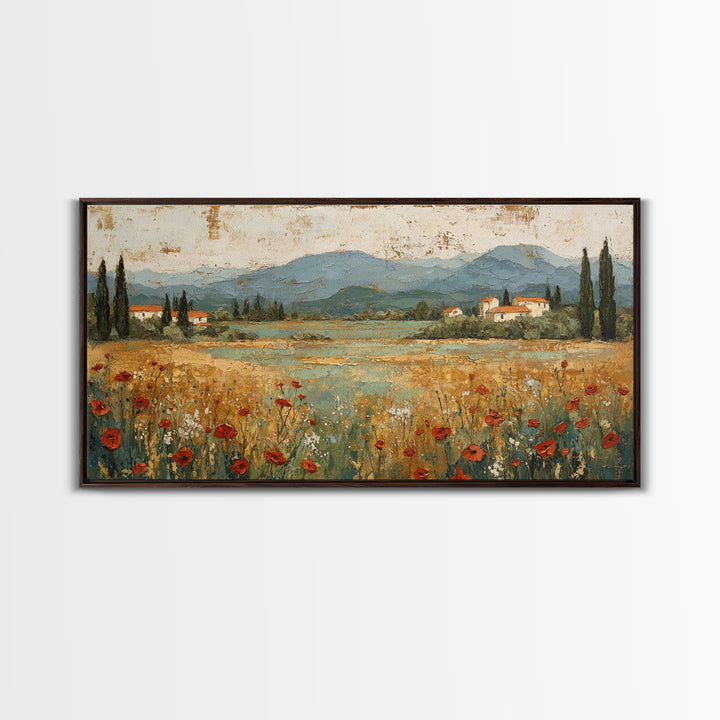 Tuscan Poppy Field Framed Canvas Print, Italian Villa Art, Landscape Painting, Living Room Decor, Watercolor Art, Villa, IVA-2x1-59