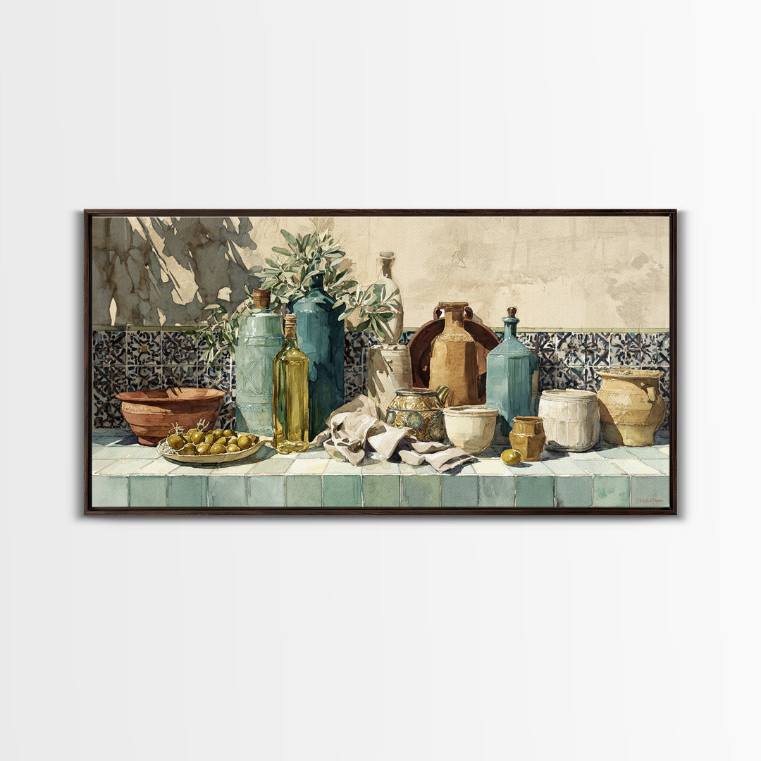 White Wine and Olives Still Life Framed Canvas Print, Italian Villa Art, Digital Wall Art, Living Room Decor, Oil Painting, IVA-2x1-60