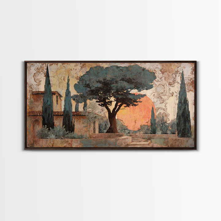 Cypress Silhouette at Sunset Framed Canvas Print, Italian Villa Art, Boho Decor, Living Room Decor, Abstract Art, Villa, IVA-2x1-65