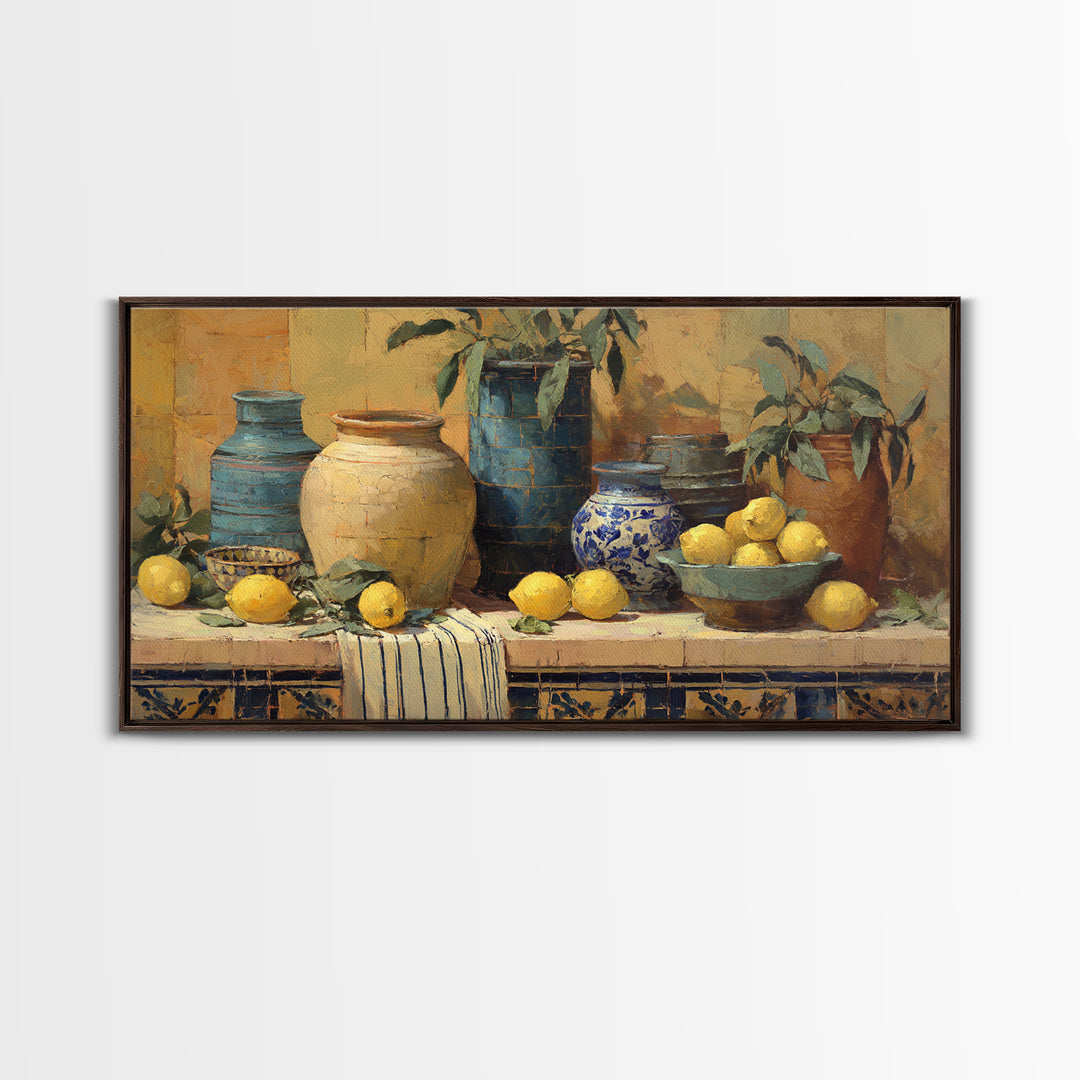 Coastal Lemons and Striped Cloth Arrangement Canvas Print, Italian Villa Art, Framed Wall Art, Living Room Decor, IVA-2x1-68