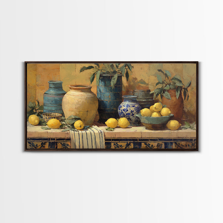 Coastal Lemons and Striped Cloth Arrangement Canvas Print, Italian Villa Art, Framed Wall Art, Living Room Decor, IVA-2x1-68