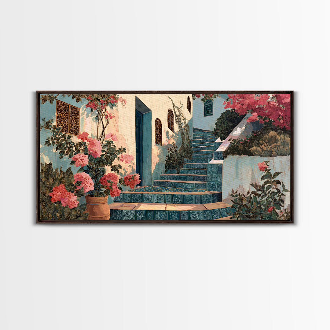 Sunlit Stone Stairway Framed Canvas Print, Italian Villa Art, Textured Painting, Living Room Decor, Villa, Bedroom Wall Art, IVA-2x1-7