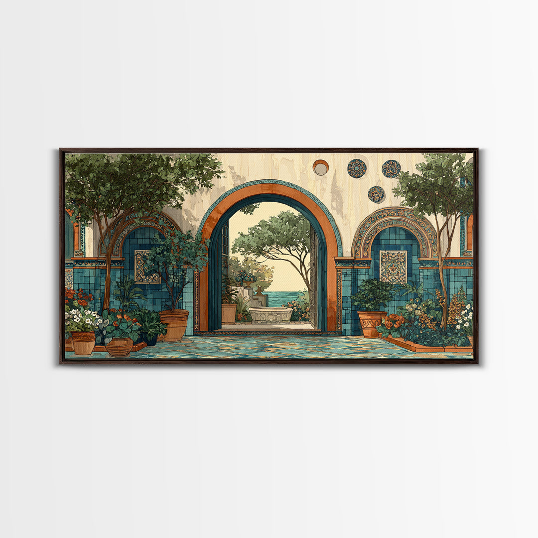 Mediterranean Arch Framing Blue Sea Canvas Print, Italian Villa Art, Coastal Decor, Living Room Decor, Fine Art, Villa, IVA-2x1-76