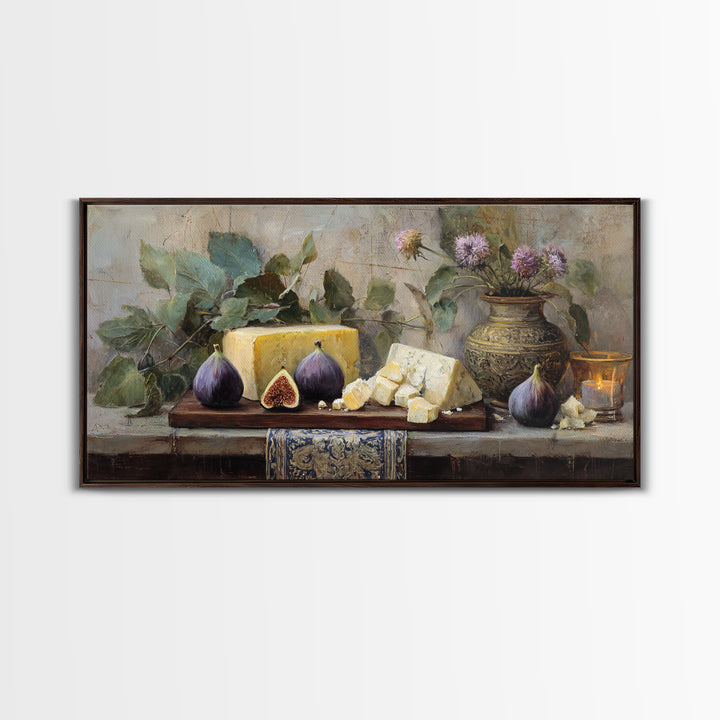 Figs and Cheese on Rustic Wooden Board Canvas Print, Italian Villa Art, Art Print, Living Room Decor, Oil Painting, Villa, IVA-2x1-77