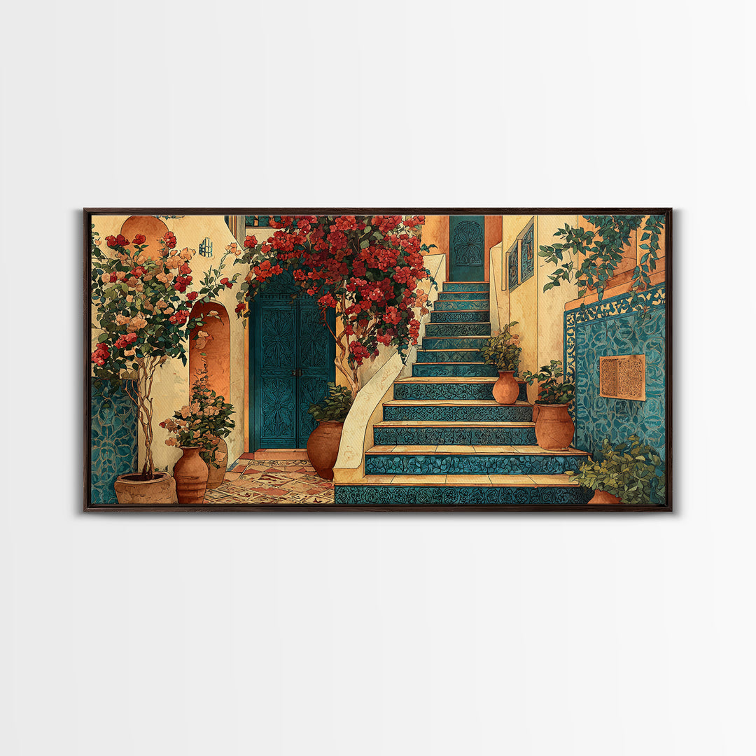 Sunlit Stone Stairway Framed Canvas Print, Italian Villa Art, Digital Download Art, Living Room Decor, Fine Art, Villa, IVA-2x1-79