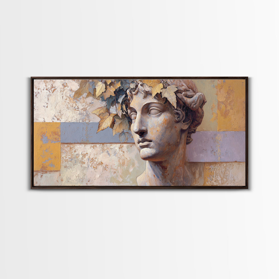 Classic Roman Statue Bust Framed Canvas Print, Italian Villa Art, Landscape Painting, Living Room Decor, Fine Art, Villa, IVA-2x1-80