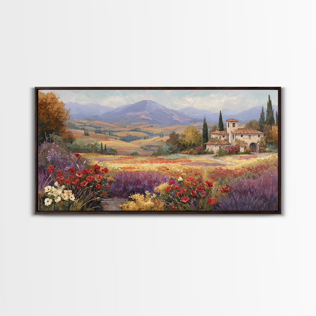 Tuscan Poppy Field Framed Canvas Print, Italian Villa Art, Boho Decor, Living Room Decor, Fine Art, Villa, Digital Wall Art, IVA-2x1-83