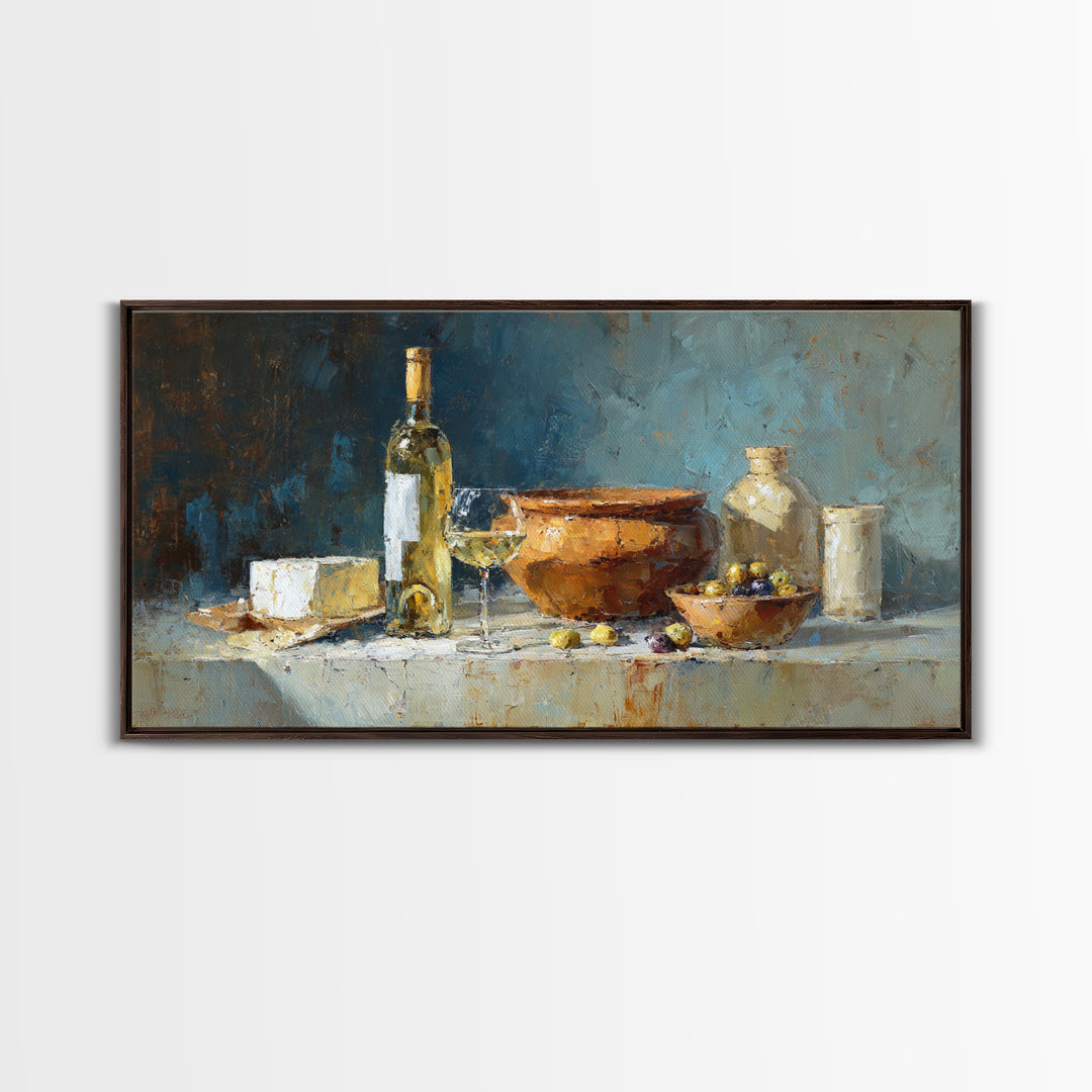 White Wine and Olives Still Life Framed Canvas Print, Italian Villa Art, Farmhouse Wall Art, Living Room Decor, Fine Art, Villa, IVA-2x1-84