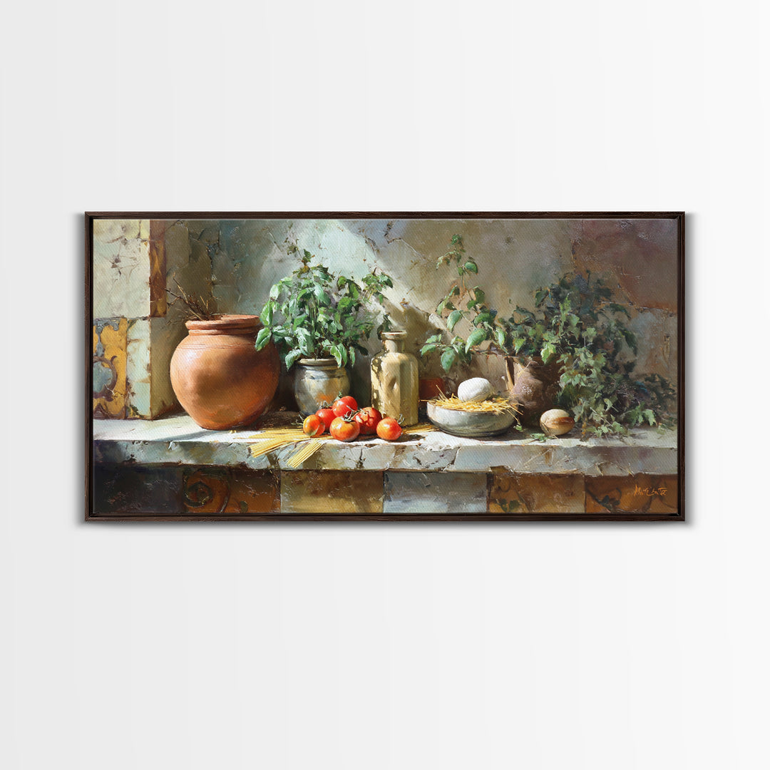 Pasta Herbs and Tomatoes Still Life Framed Canvas Print, Italian Villa Art, Farmhouse Wall Art, Living Room Decor, Villa, IVA-2x1-87