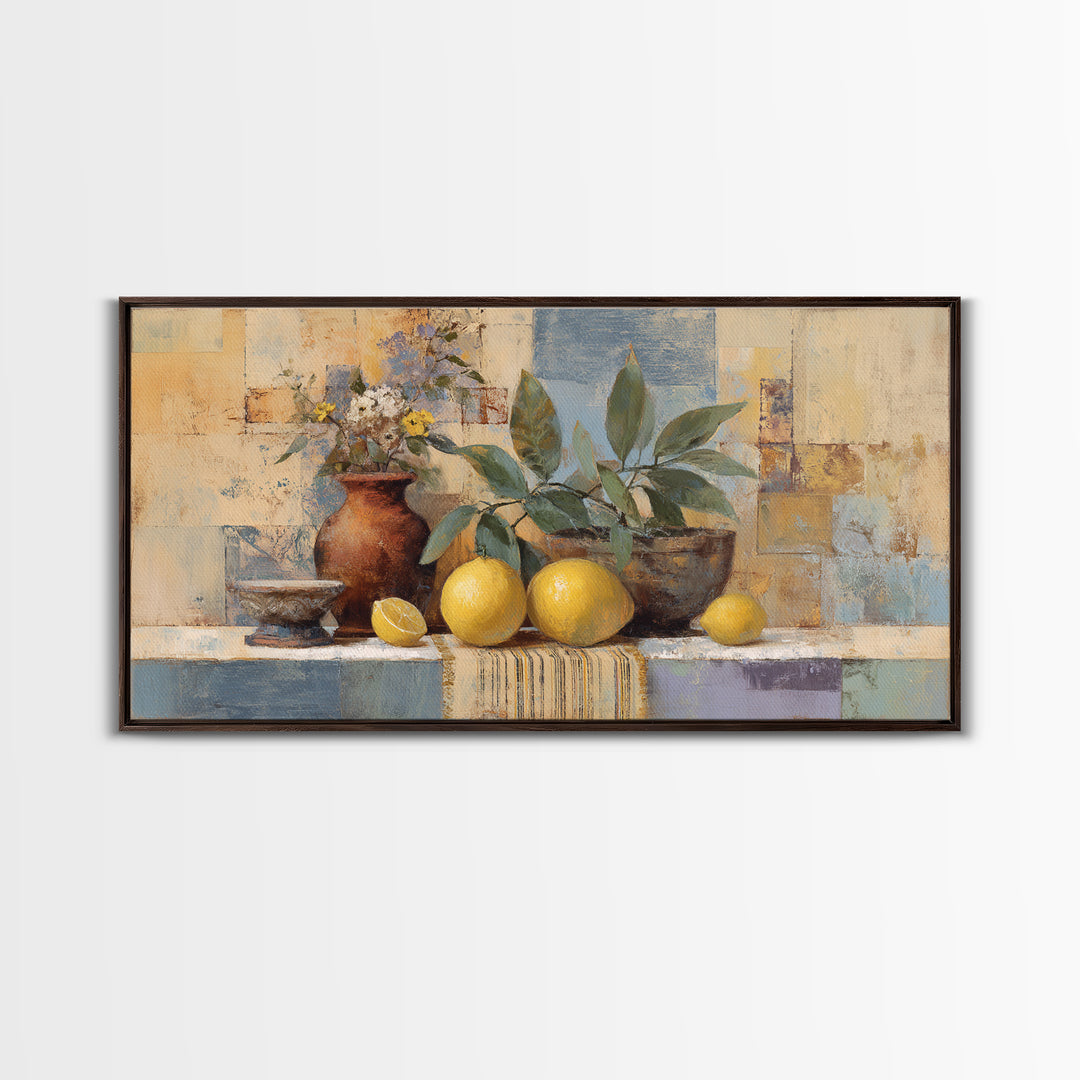 Coastal Lemons and Striped Cloth Arrangement Canvas Print, Italian Villa Art, Bedroom Wall Decor, Living Room Decor, Villa, IVA-2x1-92