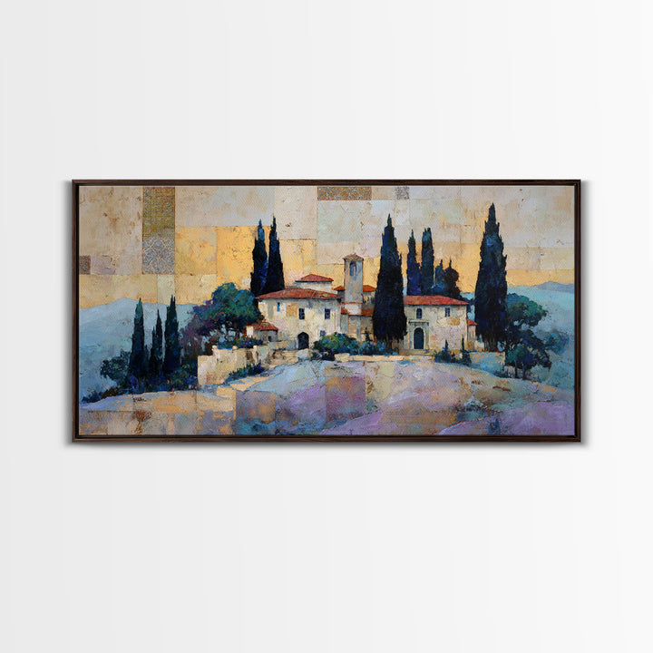Tuscan Hillside with Cypress Trees and Golden Canvas Print, Italian Villa Art, Minimalist Decor, Living Room Decor, Villa, IVA-2x1-93