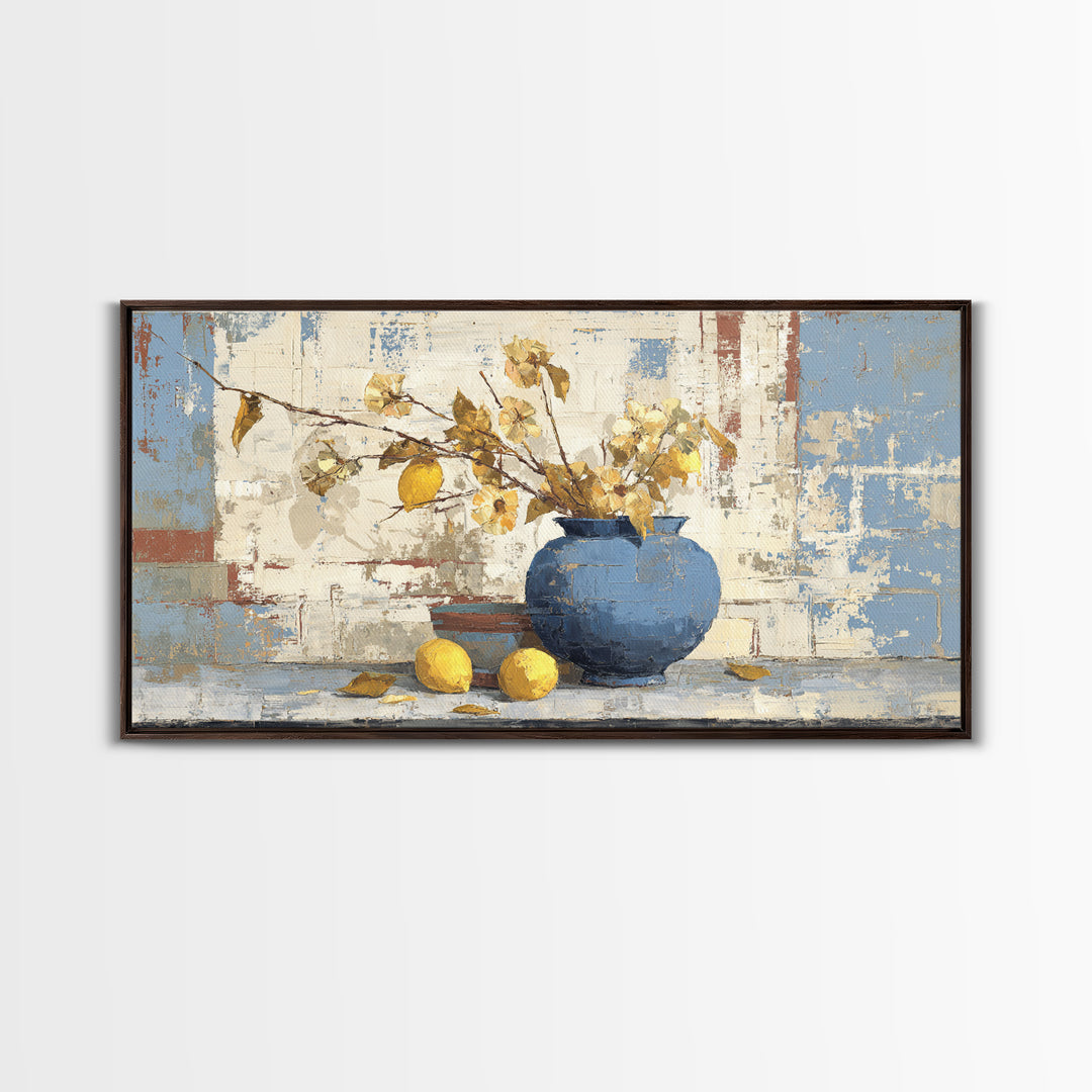 Lemon Branch in Blue Ceramic Vase Canvas Print, Italian Villa Art, Luxury Decor, Living Room Decor, Oil Painting, Villa, IVA-2x1-94