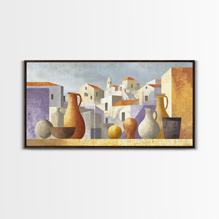 Terracotta Rooftops Against Pale Sky Framed Canvas Print, Italian Villa Art, Colorful Wall Art, Living Room Decor, Oil Painting, IVA-2x1-96