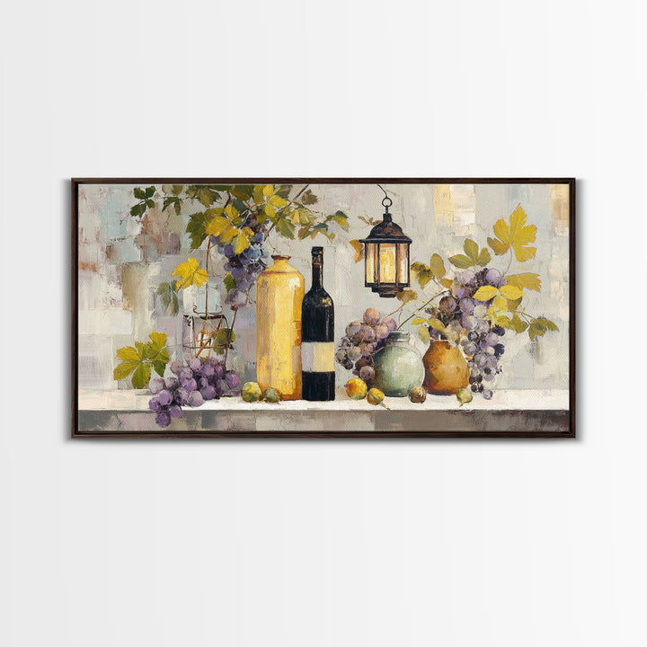 Grapevine and Wine Still Life on Linen Framed Canvas Print, Italian Villa Art, Printable Art, Living Room Decor, Abstract Art, IVA-2x1-99