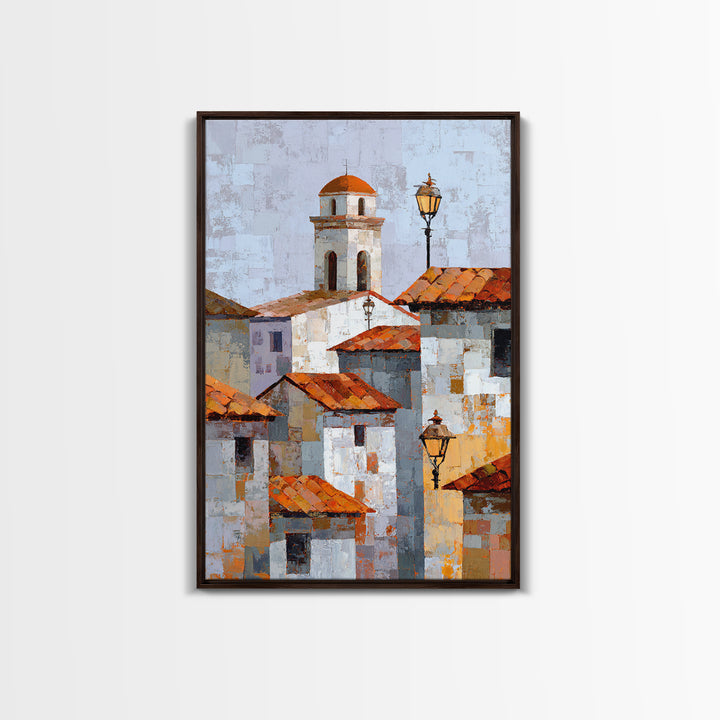 Terracotta Rooftops Against Pale Sky Framed Canvas Print, Italian Villa Art, Digital Art Print, Living Room Decor, Oil Painting, IVA-2x3-12