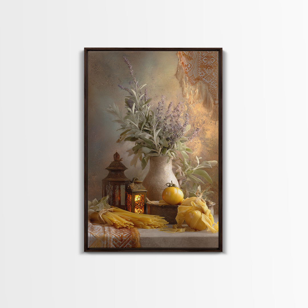 Pasta Herbs and Tomatoes Still Life Canvas Print, Italian Villa Art, Coastal Wall Art, Living Room Decor, Watercolor Art, Villa, IVA-2x3-27