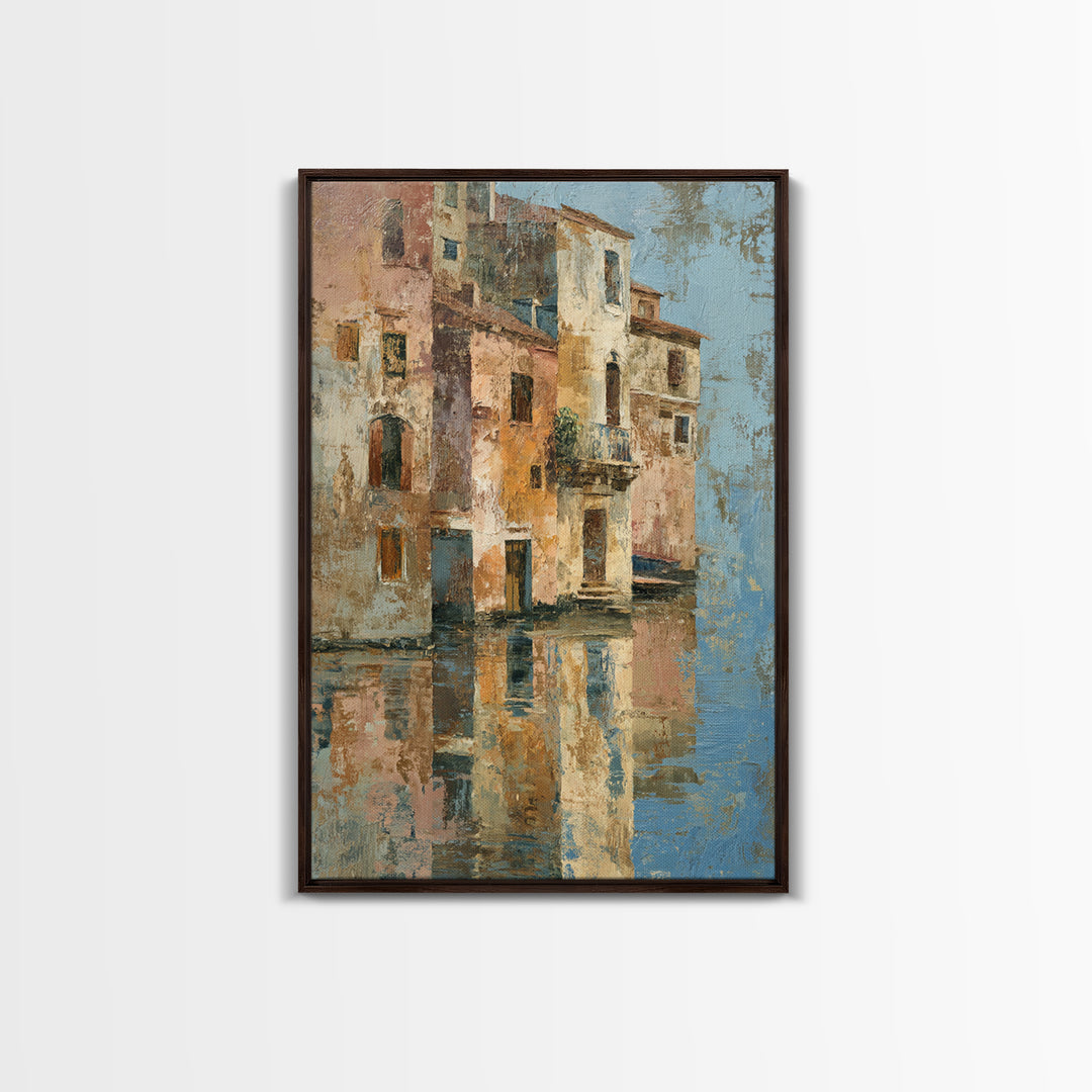 Venetian Canal Reflection Without City Crowd Canvas Print, Italian Villa Art, Textured Painting, Living Room Decor, Villa, IVA-2x3-28