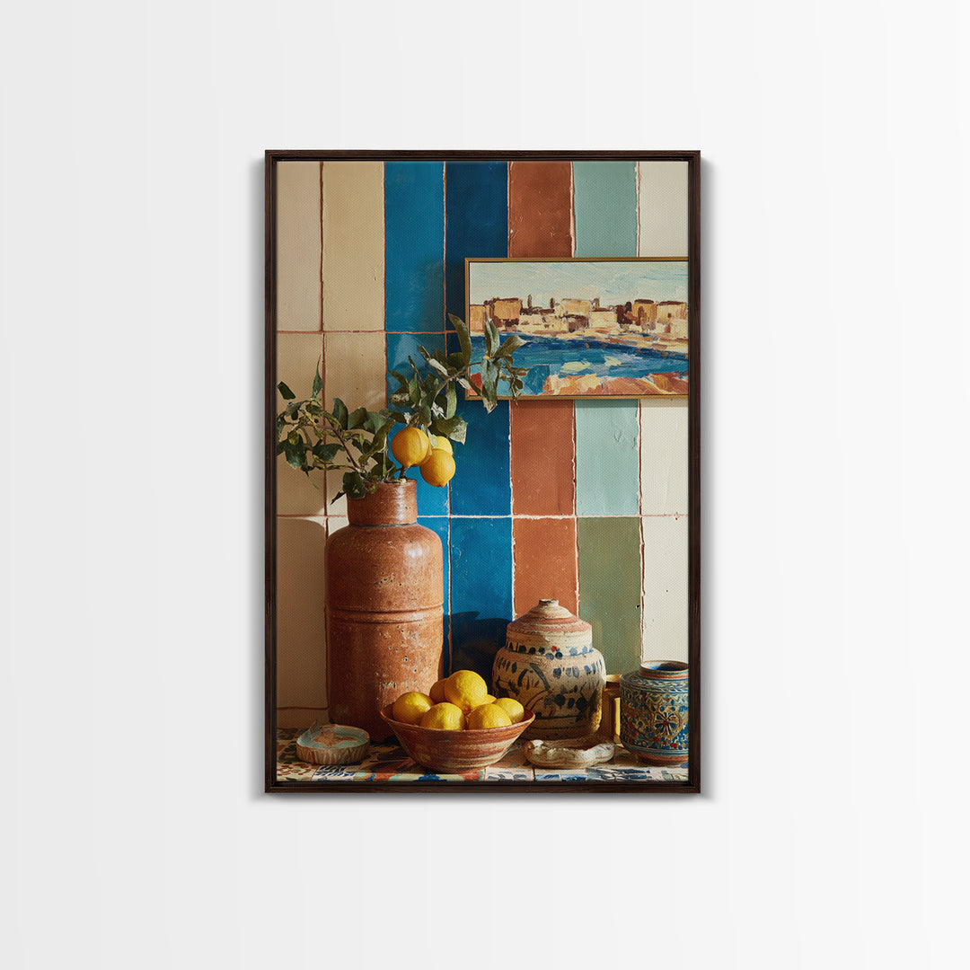 Coastal Lemons and Striped Cloth Arrangement Canvas Print, Italian Villa Art, Living Room Decor, Villa, Living Room Art, IVA-2x3-32