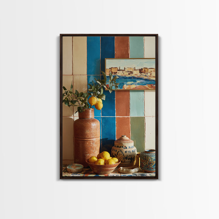 Coastal Lemons and Striped Cloth Arrangement Canvas Print, Italian Villa Art, Living Room Decor, Villa, Living Room Art, IVA-2x3-32