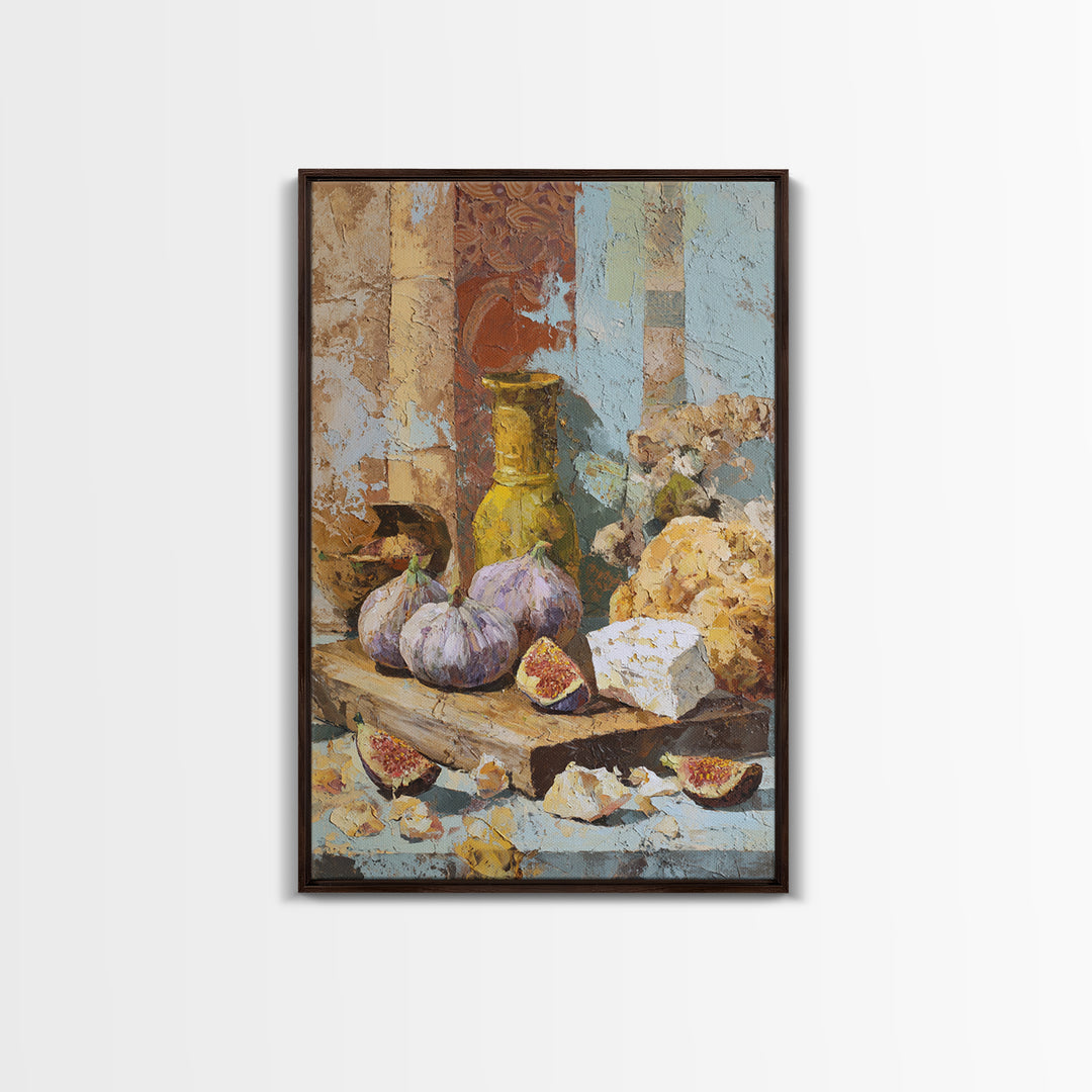Figs and Cheese on Rustic Wooden Board Framed Canvas Print, Italian Villa Art, Modern Decor, Living Room Decor, Abstract Art, IVA-2x3-41