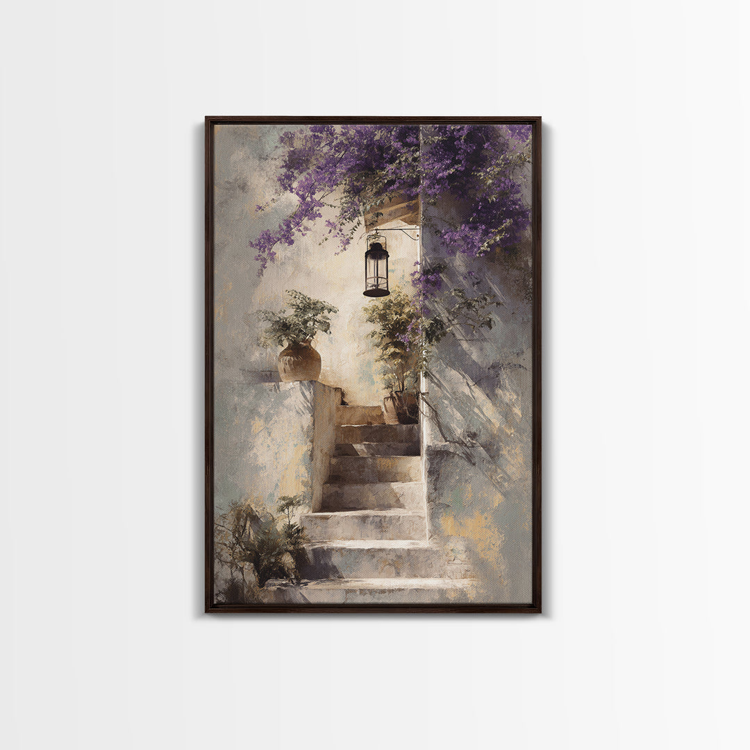 Sunlit Stone Stairway Framed Canvas Print, Italian Villa Art, Gallery Wall Set, Living Room Decor, Villa, Modern Decor, IVA-2x3-43