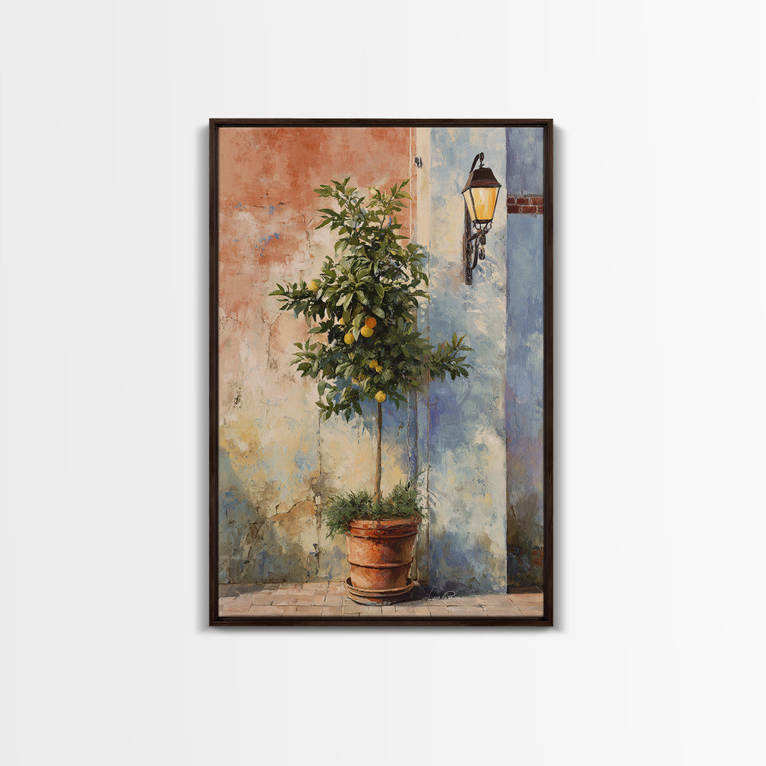 Orange Tree in a Courtyard Planter Framed Canvas Print, Italian Villa Art, Home Decor, Living Room Decor, Fine Art, Villa, IVA-2x3-46