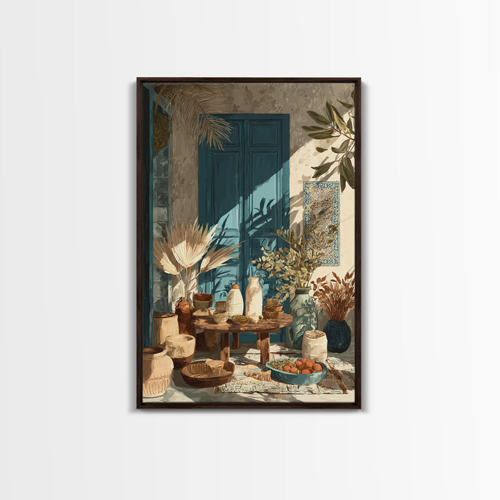 Pasta Herbs and Tomatoes Still Life Framed Canvas Print, Italian Villa Art, Colorful Wall Art, Living Room Decor, Oil Painting, IVA-2x3-51