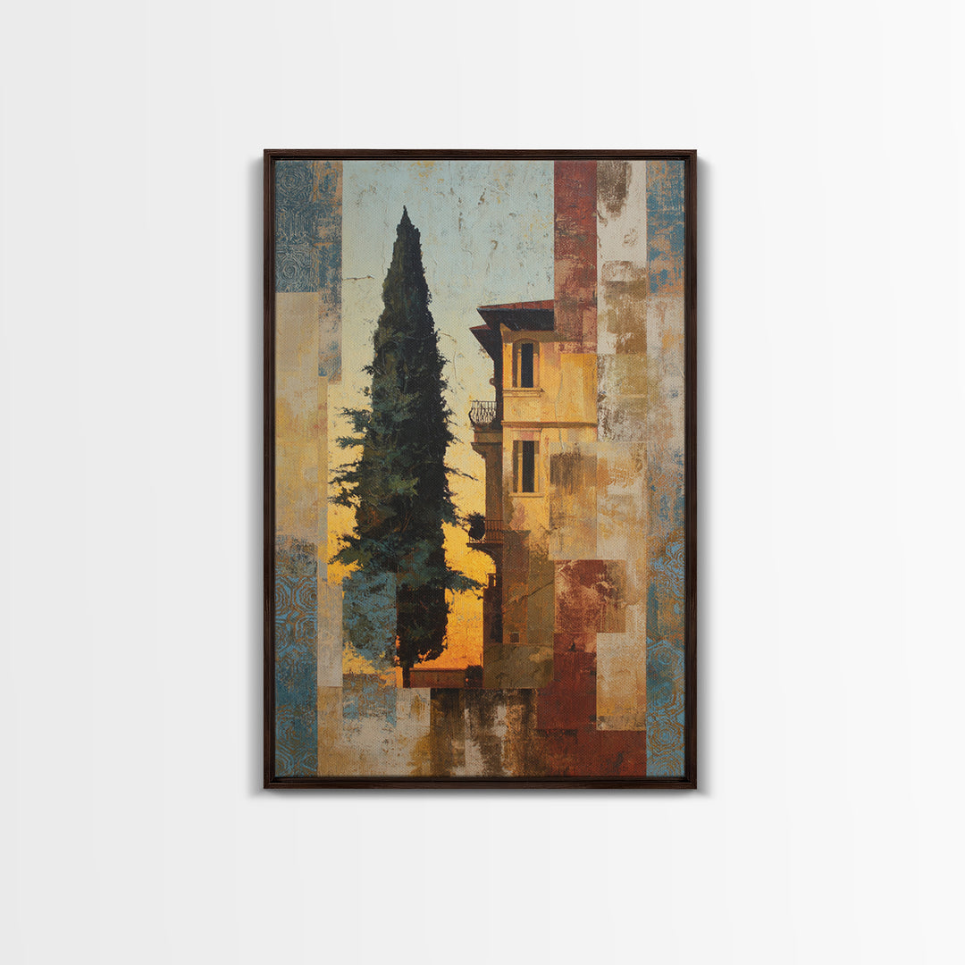Cypress Silhouette at Sunset Framed Canvas Print, Italian Villa Art, Boho Decor, Living Room Decor, Oil Painting, Villa, IVA-2x3-53