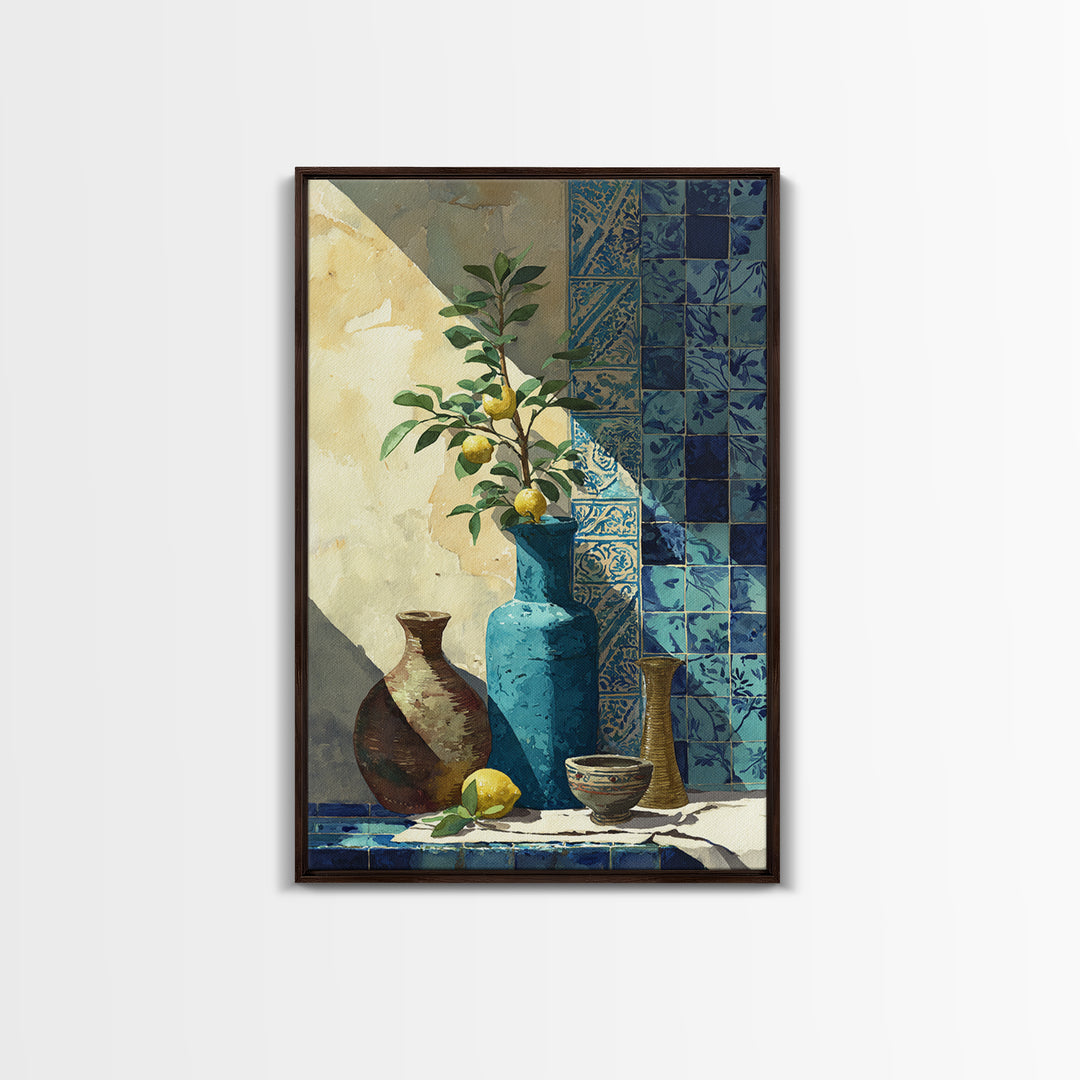 Lemon Branch in Blue Ceramic Vase Canvas Print, Italian Villa Art, Luxury Decor, Living Room Decor, Villa, Framed Wall Art, IVA-2x3-58