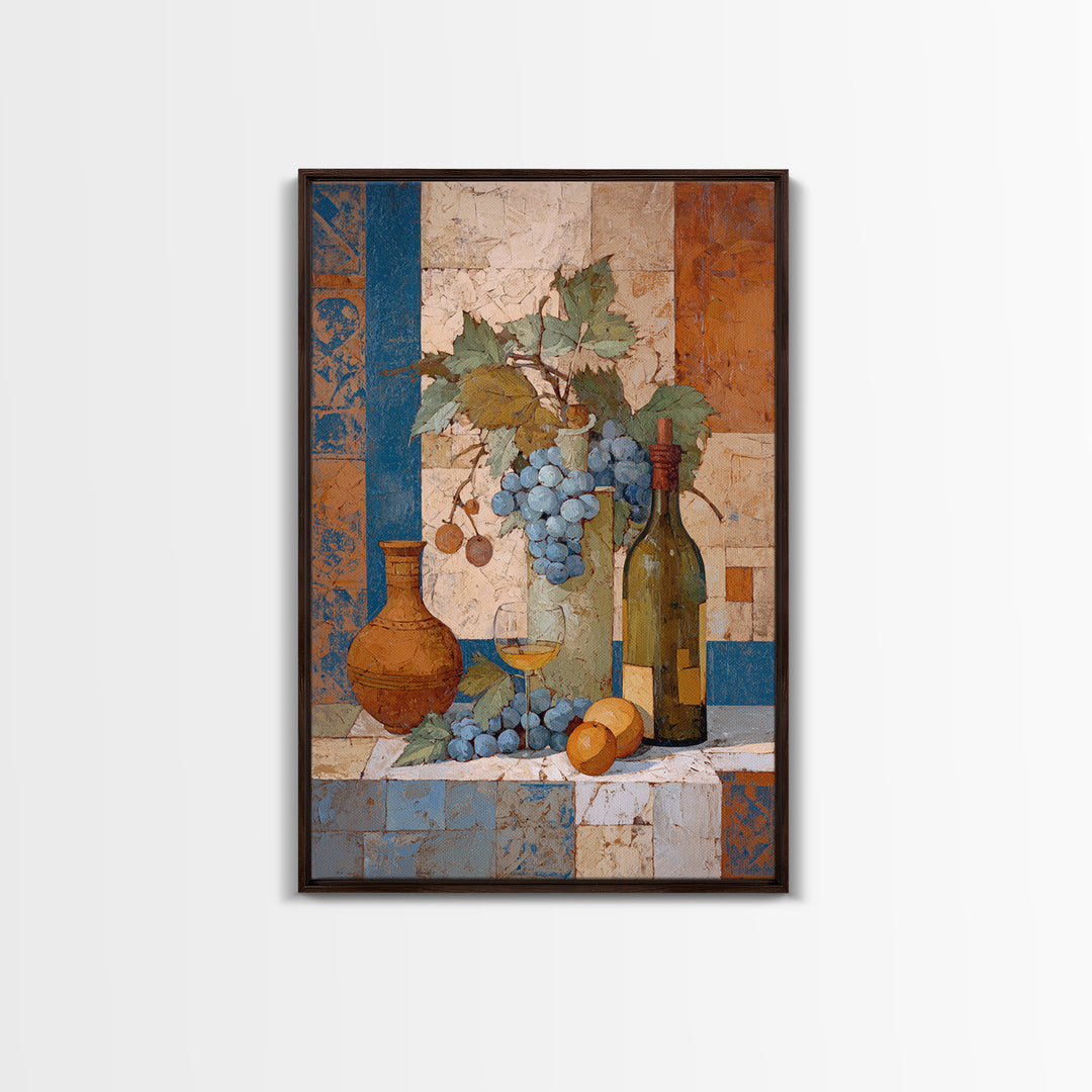 Grapevine and Wine Still Life on Linen Framed Canvas Print, Italian Villa Art, Digital Art Print, Living Room Decor, IVA-2x3-63