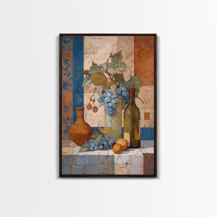 Grapevine and Wine Still Life on Linen Framed Canvas Print, Italian Villa Art, Digital Art Print, Living Room Decor, IVA-2x3-63