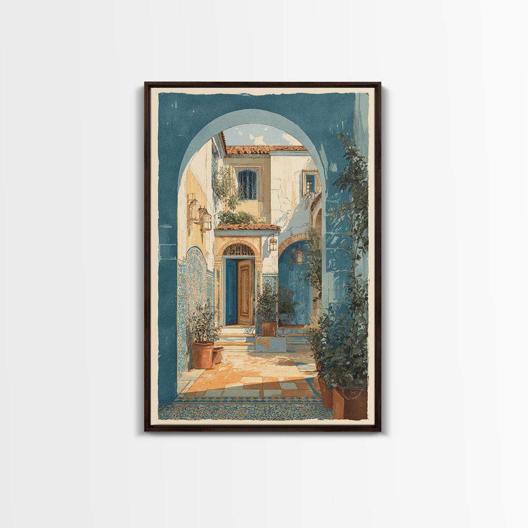 Mediterranean Arch Framing Blue Sea Framed Canvas Print, Italian Villa Art, Gallery Wall Set, Living Room Decor, Villa, IVA-2x3-64