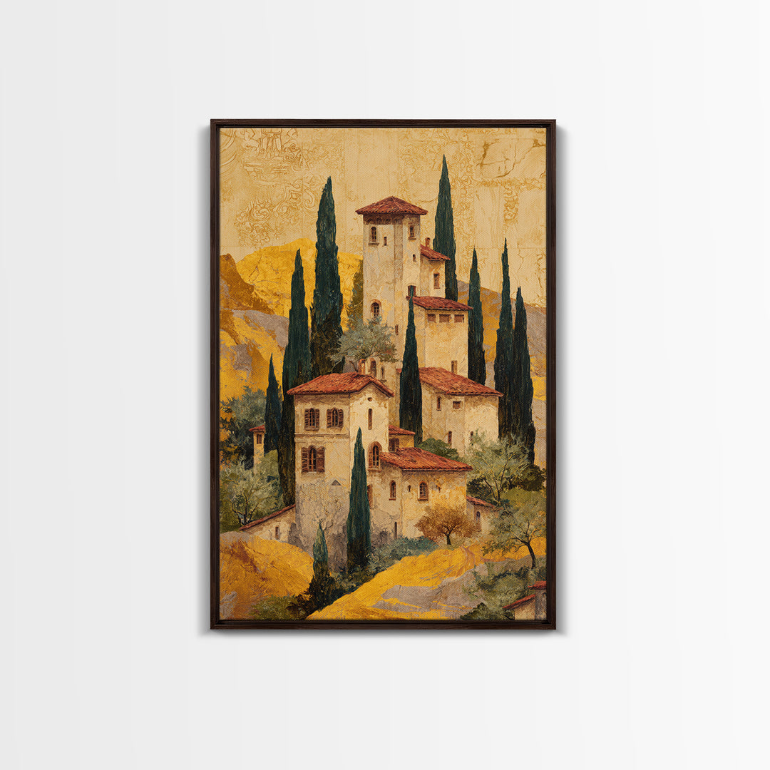 Tuscan Hillside with Cypress Trees and Golden Canvas Print, Italian Villa Art, Minimalist Decor, Living Room Decor, IVA-2x3-81